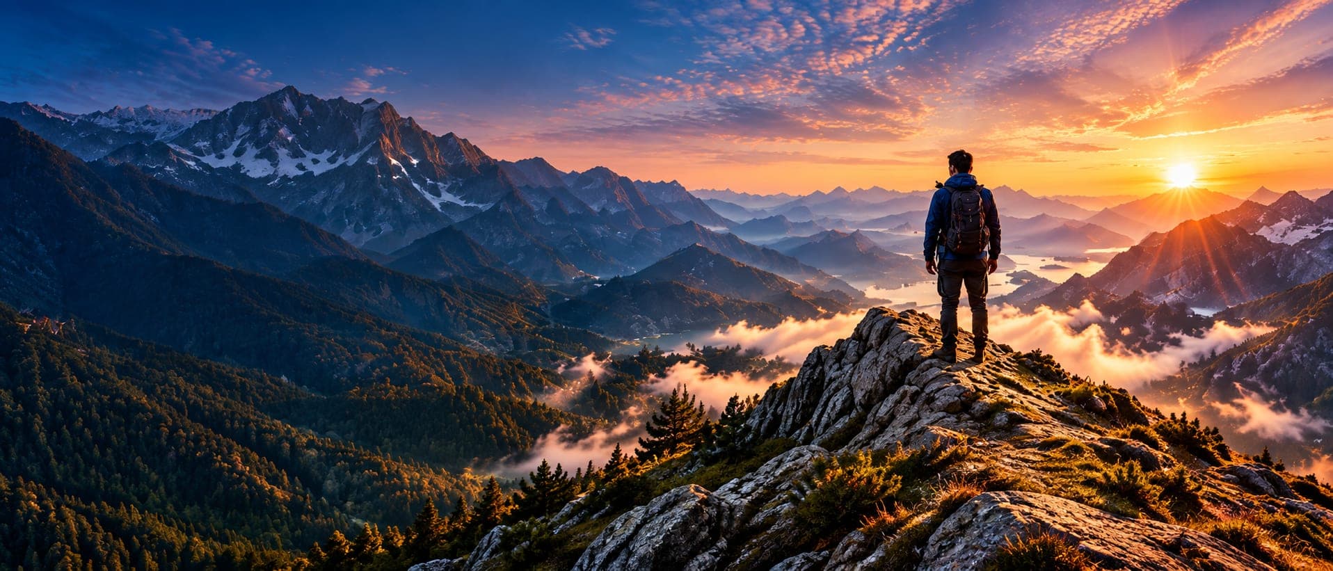 Người đứng trên đỉnh núi nhìn về dãy núi xa